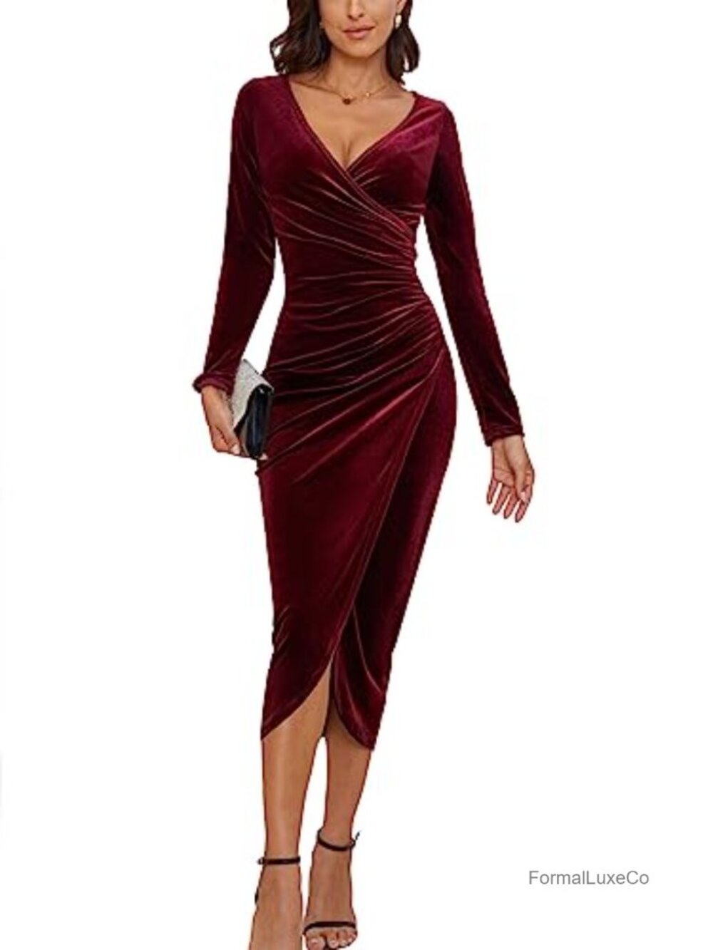 Women's V Neck Wrap Velvet Long Sleeve Maxi Dress